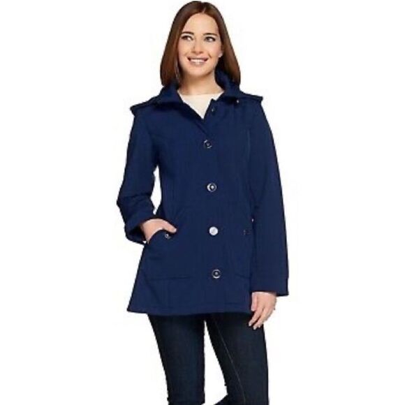 Isaac Mizrahi Soft Shell Jacket Detachable Hood in Dark Navy | size XS - Picture 1 of 11